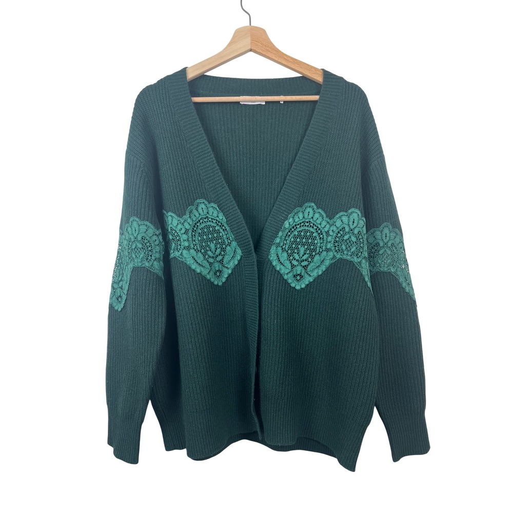 Sandro Paris Green Lace Trimmed Knit Cardigan Sweater‎ Women